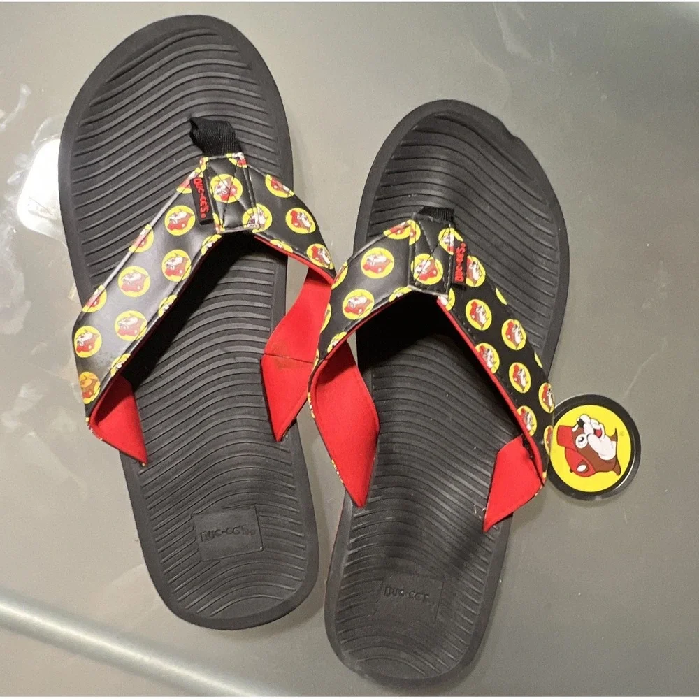 Buc-ee's Logo Thong Sandal Flip Flops Black/Red/Yellow Men's US 10